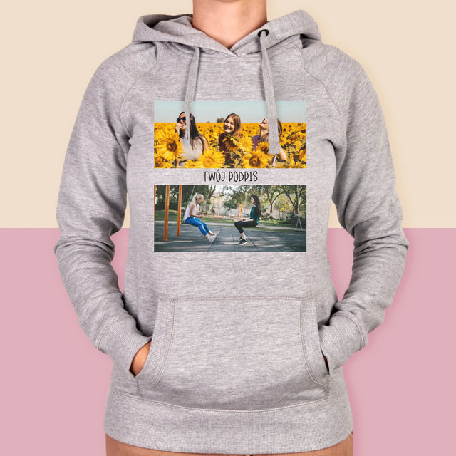Fotokolaż: 2 Zdjęcia i Podpis - Bluza Damska z Kapturem