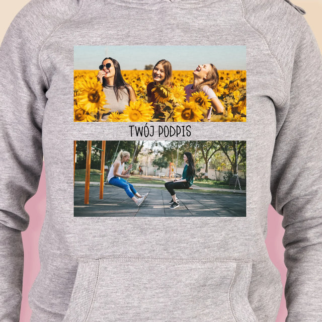 Fotokolaż: 2 Zdjęcia i Podpis - Bluza Damska z Kapturem