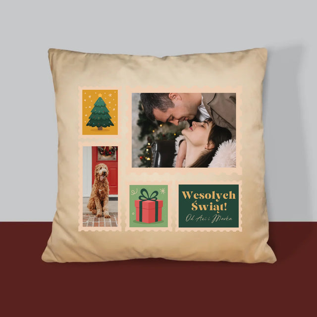 Fotokolaż: Świąteczne Znaczki Pocztowe - Poduszka z Nadrukiem