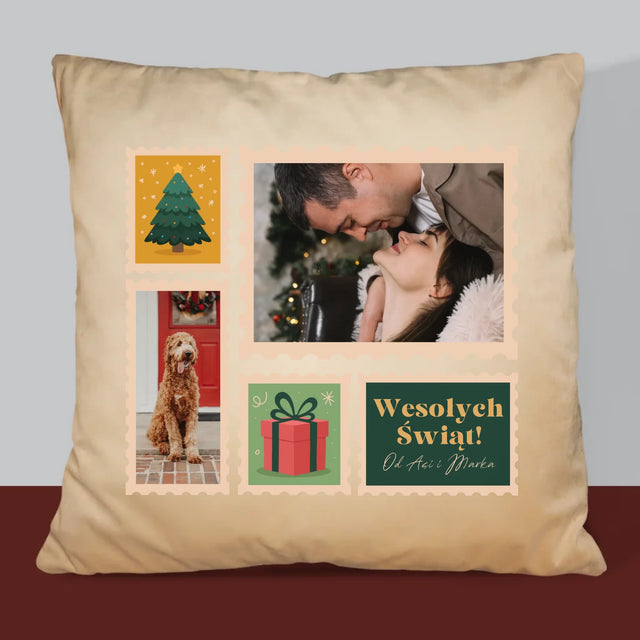 Fotokolaż: Świąteczne Znaczki Pocztowe - Poduszka z Nadrukiem