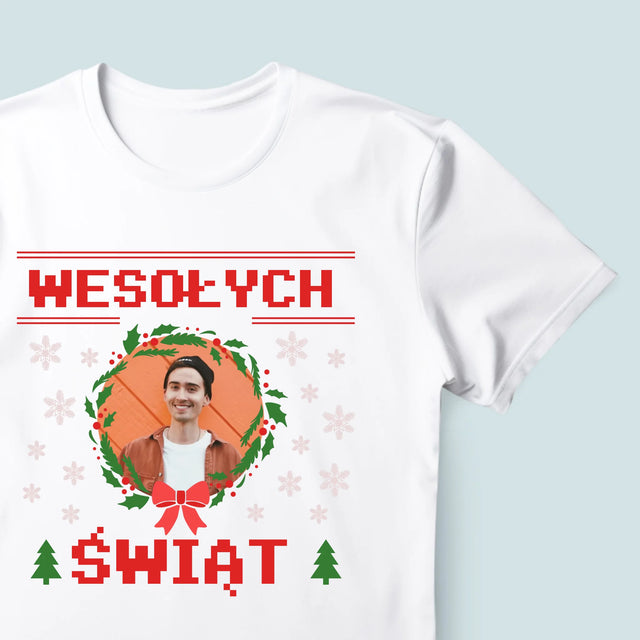 Zdjęcie I Podpis: Świąteczny Sweter - Koszulka Męska z Nadrukiem