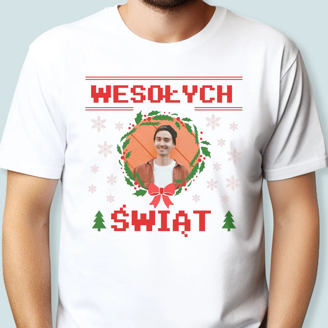 Zdjęcie I Podpis: Świąteczny Sweter - Koszulka Męska z Nadrukiem