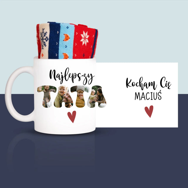 Zdjęcie i Podpis: Najlepszy Tata Serce - Zimowe Skarpetki w Kubku