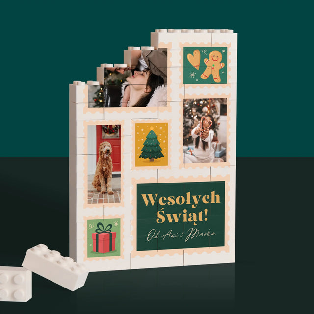 Fotokolaż: Świąteczne Znaczki Pocztowe - Klocki LEGO z Nadrukiem
