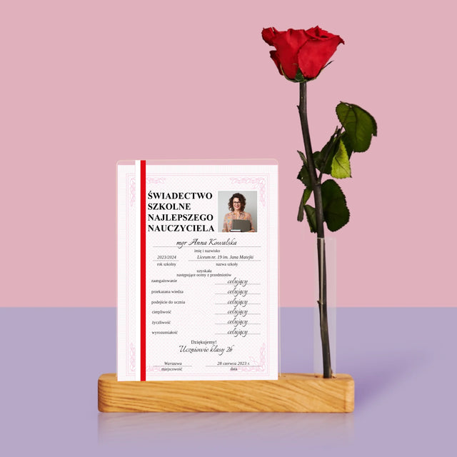 Zdjęcie i Podpis: Świadectwo Najlepszego Nauczyciela - Wydruk Na Szkle Akrylowym z Różą
