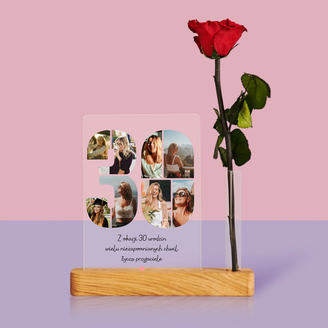 Fotokolaż: 30 Urodziny Życzenia - Wydruk Na Szkle Akrylowym z Różą