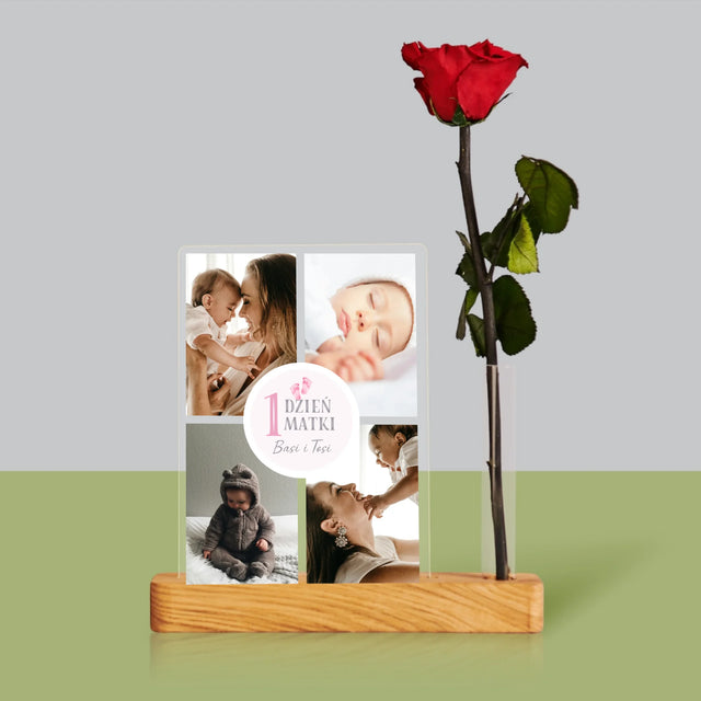 Fotokolaż: Pierwszy Dzień Matki - Wydruk Na Szkle Akrylowym z Różą