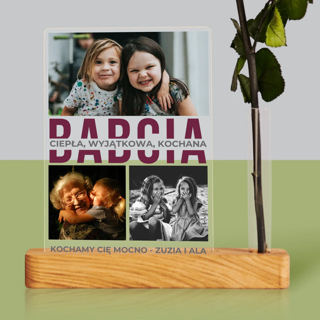 Fotokolaż: Babcia Cechy Charakteru - Wydruk Na Szkle Akrylowym z Różą