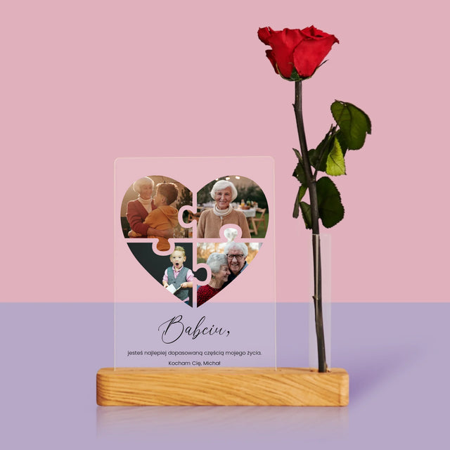 Fotokolaż: Puzzle Serce Dla Babci - Wydruk Na Szkle Akrylowym z Różą
