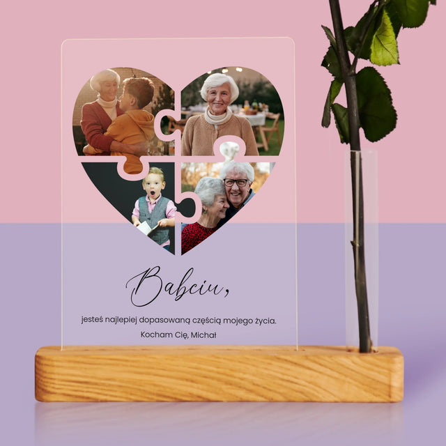 Fotokolaż: Puzzle Serce Dla Babci - Wydruk Na Szkle Akrylowym z Różą