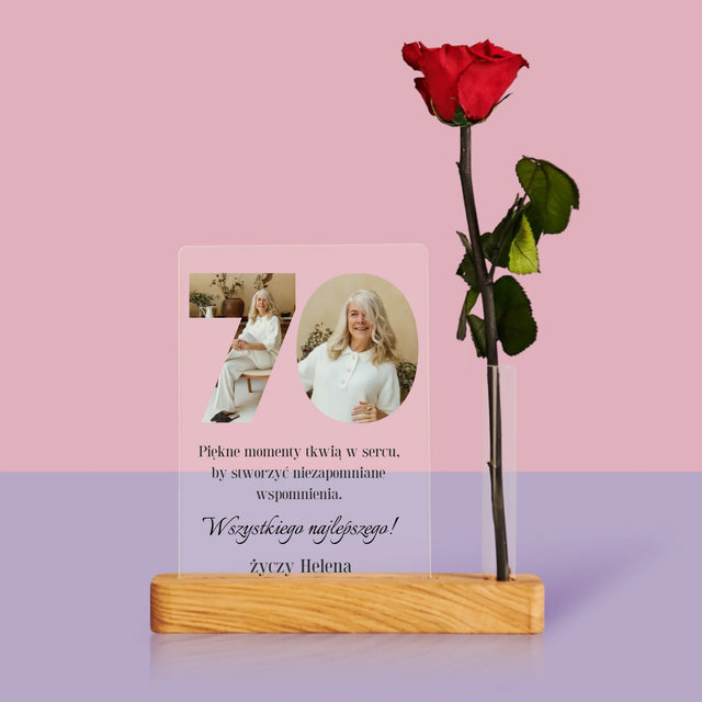 Słowo Ze Zdjęć: 70 Urodziny - Wydruk Na Szkle Akrylowym z Różą