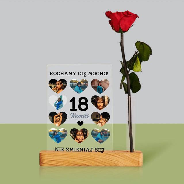 Fotokolaż: 18 Serca - Wydruk Na Szkle Akrylowym z Różą