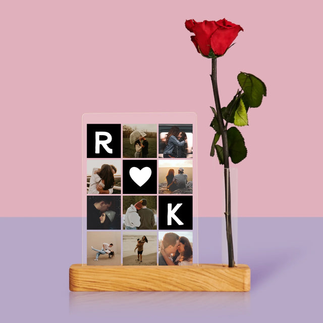 Fotokolaż: Miłosne Monogramy Ze Zdjęciami - Wydruk Na Szkle Akrylowym z Różą