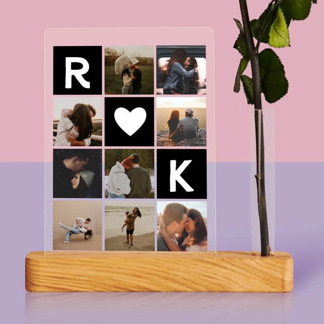 Fotokolaż: Miłosne Monogramy Ze Zdjęciami - Wydruk Na Szkle Akrylowym z Różą