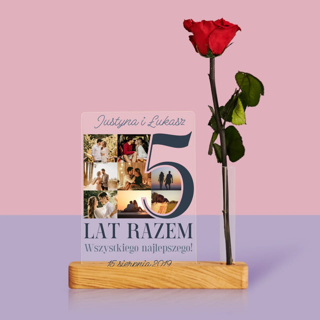 Fotokolaż: 5 Lat Razem - Wydruk Na Szkle Akrylowym z Różą
