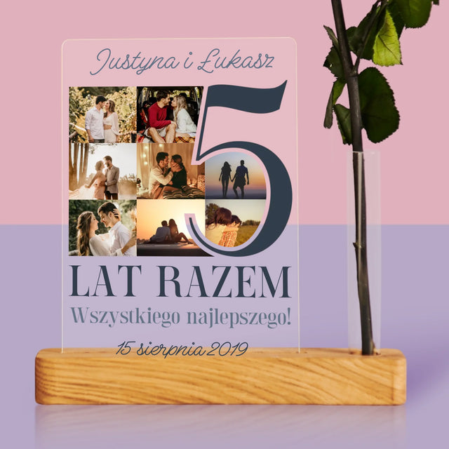 Fotokolaż: 5 Lat Razem - Wydruk Na Szkle Akrylowym z Różą