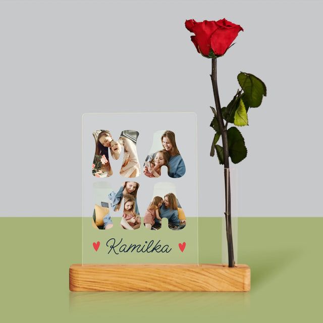 Słowo Ze Zdjęć: Mama Imię - Wydruk Na Szkle Akrylowym z Różą