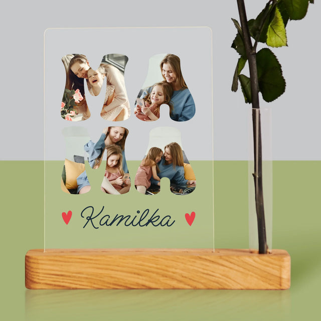 Słowo Ze Zdjęć: Mama Imię - Wydruk Na Szkle Akrylowym z Różą