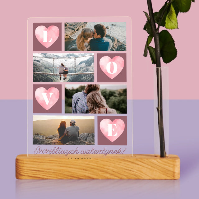 Fotokolaż: Serduszka Love - Wydruk Na Szkle Akrylowym z Różą