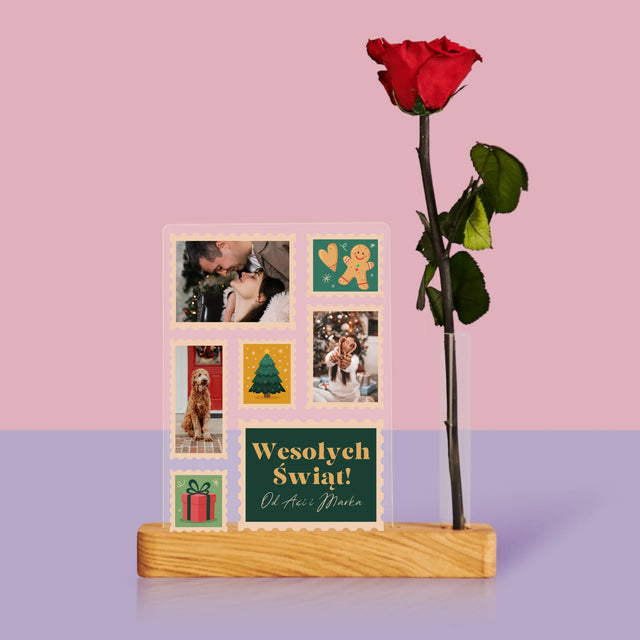 Fotokolaż: Świąteczne Znaczki Pocztowe - Wydruk Na Szkle Akrylowym z Różą