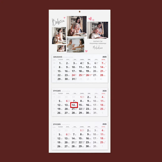 Fotokolaż: Babciu Kocham Cię - Personalizowany Kalendarz Trójdzielny