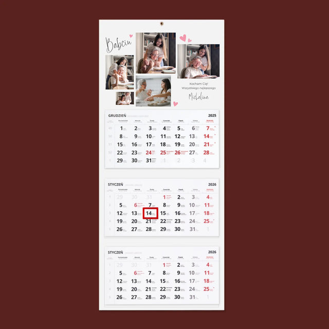 Fotokolaż: Babciu Kocham Cię - Personalizowany Kalendarz Trójdzielny