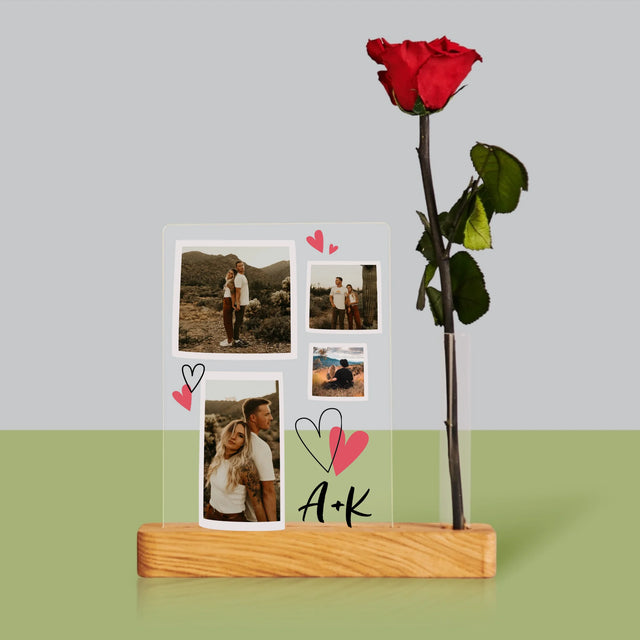 Fotokolaż: Serduszka Inicjały - Wydruk Na Szkle Akrylowym z Różą