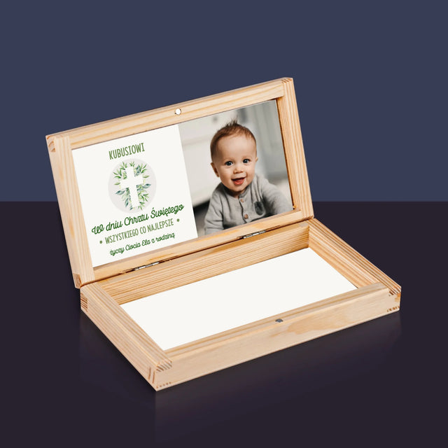 Zdjęcie i Podpis: Chrzest Święty Listki - Drewniane Pudełko Na Pieniądze