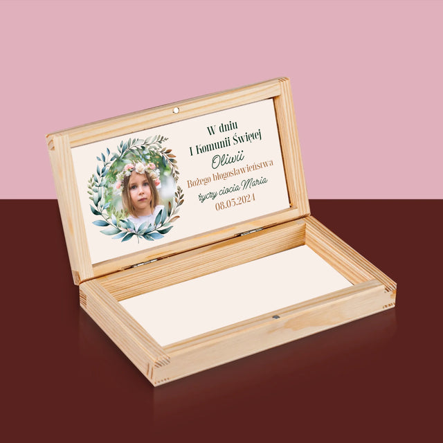 Zdjęcie i Podpis: w Dniu i Komunii Świętej - Drewniane Pudełko Na Pieniądze