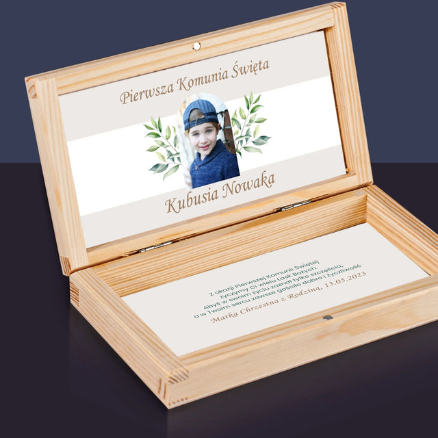 Zdjęcie i Podpis: Pierwsza Komunia Święta Życzenia - Drewniane Pudełko Na Pieniądze