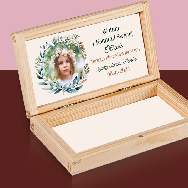 Zdjęcie i Podpis: w Dniu i Komunii Świętej - Drewniane Pudełko Na Pieniądze