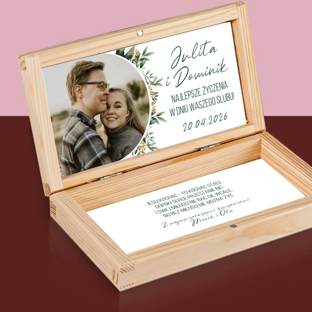 Zdjęcie i Podpis: Najlepsze Życzenia w Dniu Ślubu - Drewniane Pudełko Na Pieniądze