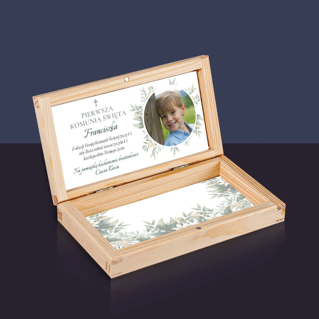Zdjęcie i Podpis: Pierwsza Komunia Święta Boża Miłość - Drewniane Pudełko Na Pieniądze