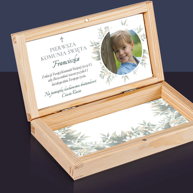Zdjęcie i Podpis: Pierwsza Komunia Święta Boża Miłość - Drewniane Pudełko Na Pieniądze