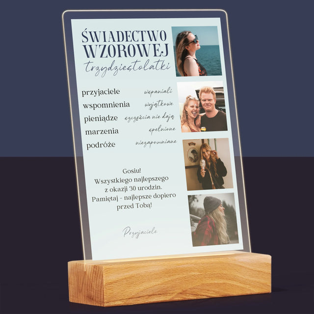 Fotokolaż: Świadectwo Wzorowej Trzydziestolatki - Wydruk Na Szkle Akrylowym
