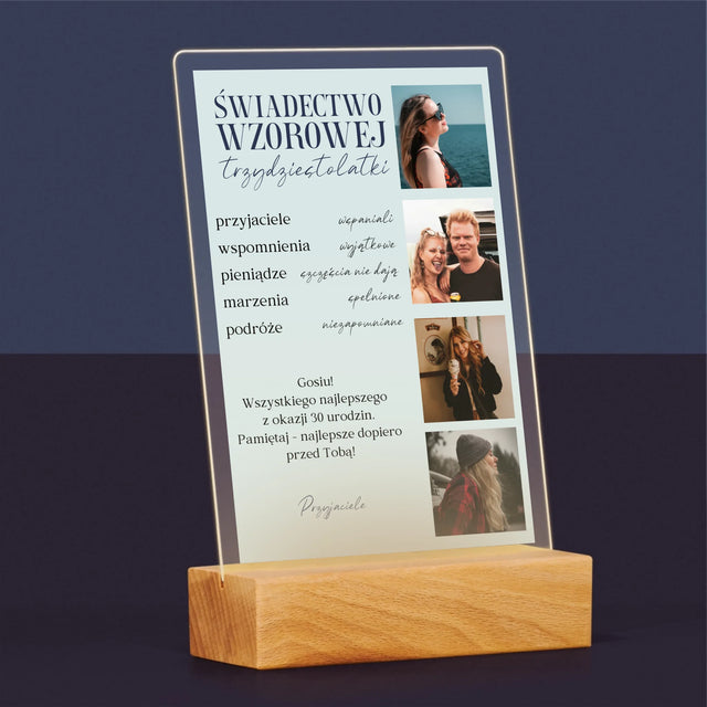 Fotokolaż: Świadectwo Wzorowej Trzydziestolatki - Wydruk Na Szkle Akrylowym