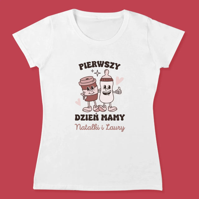 Imię i Podpis: Pierwszy Dzień Mamy Kawa Mleko - Zestaw Koszulka Damska i Body Niemowlęce