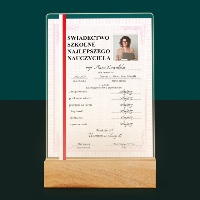Zdjęcie I Podpis: Świadectwo Najlepszego Nauczyciela - Wydruk Na Szkle Akrylowym