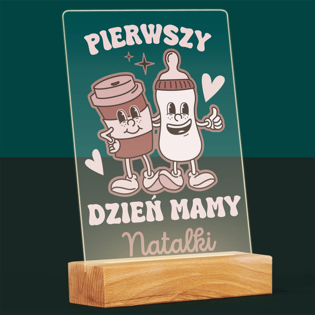 Imię i Podpis: Pierwszy Dzień Mamy Kawa Mleko - Wydruk Na Szkle Akrylowym