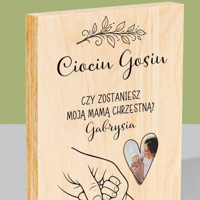 Zdjęcie i Podpis: Chrzestna Dziecko Rączka - Wydruk Na Drewnie