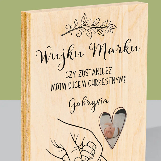 Zdjęcie i Podpis: Chrzestny Dziecko Rączka - Wydruk Na Drewnie