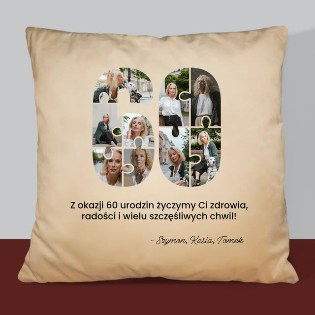 Kształt Ze Zdjęć: 60 Urodziny Puzzle - Poduszka z Nadrukiem