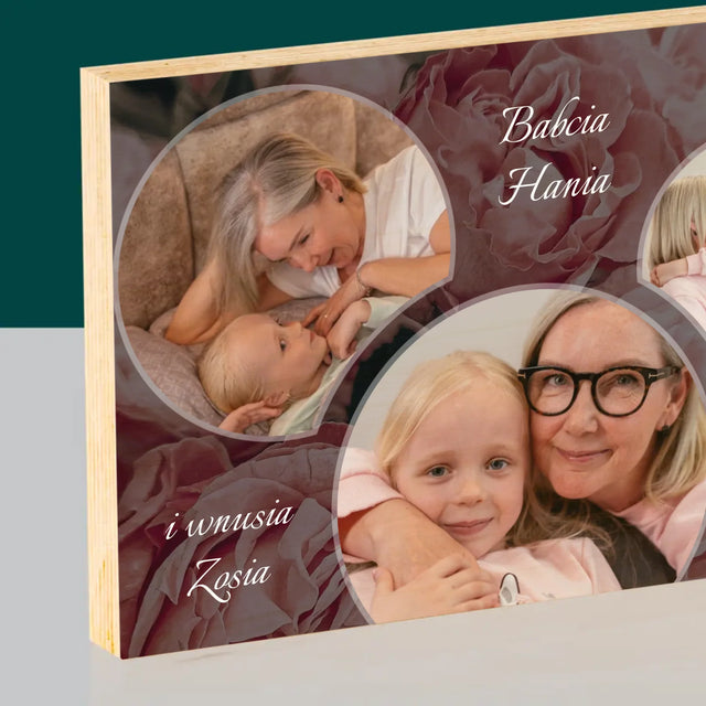Fotokolaż: Babcia Kwiaty - Wydruk Na Drewnie