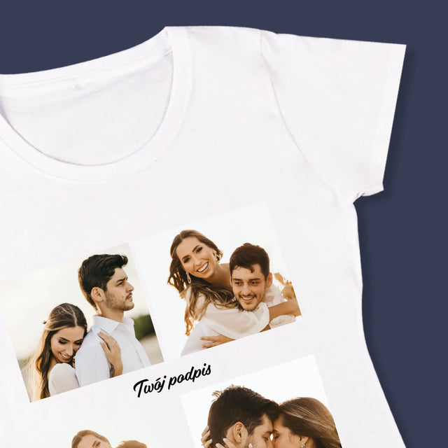 Fotokolaż: 4 Zdjęcia i Podpis - Koszulka Damska z Nadrukiem
