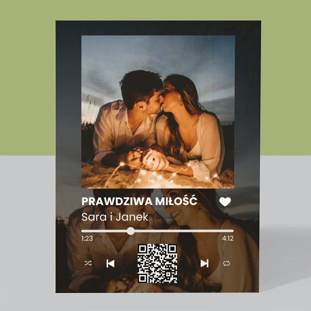 Zdjęcie i Podpis: Spotify z Twoimi Zdjęciami i Kodem Qr - Wydruk Na Drewnie