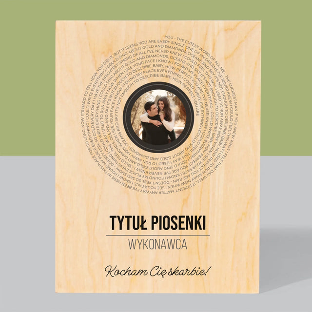 Zdjęcie i Podpis: Tekst Piosenki Na Płycie - Wydruk Na Drewnie