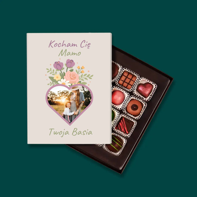 Zdjęcie i Podpis: Kocham Cię Mamo Kwiaty - Personalizowane Praliny