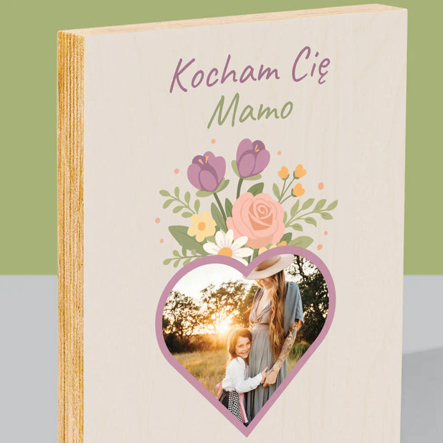 Zdjęcie i Podpis: Kocham Cię Mamo Kwiaty - Wydruk Na Drewnie