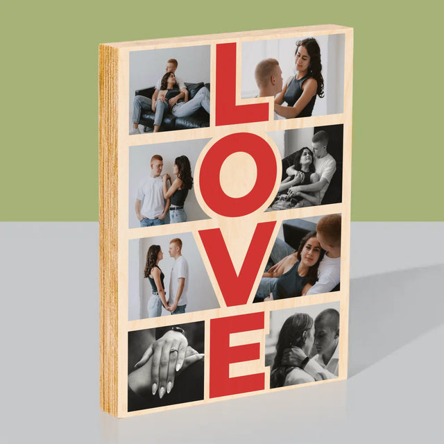 Fotokolaż: Słowo Love - Wydruk Na Drewnie