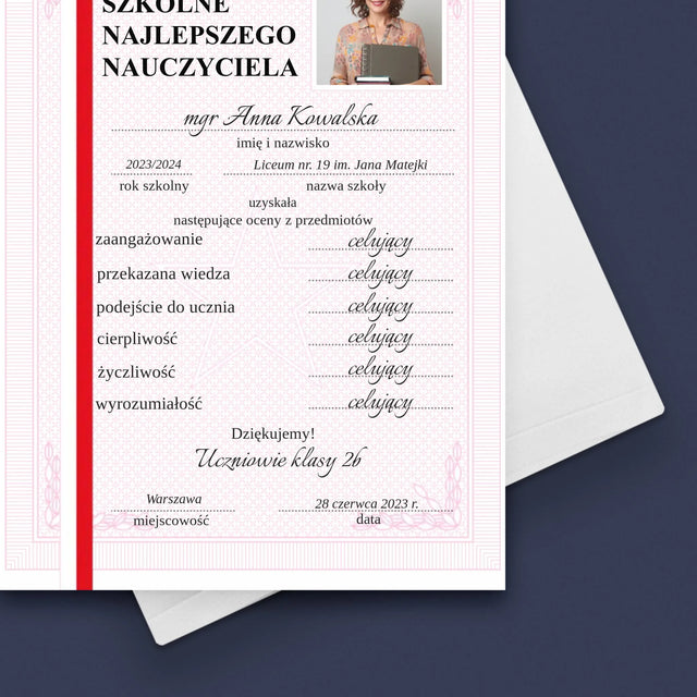 Zdjęcie i Podpis: Świadectwo Najlepszego Nauczyciela - Kartka z Życzeniami